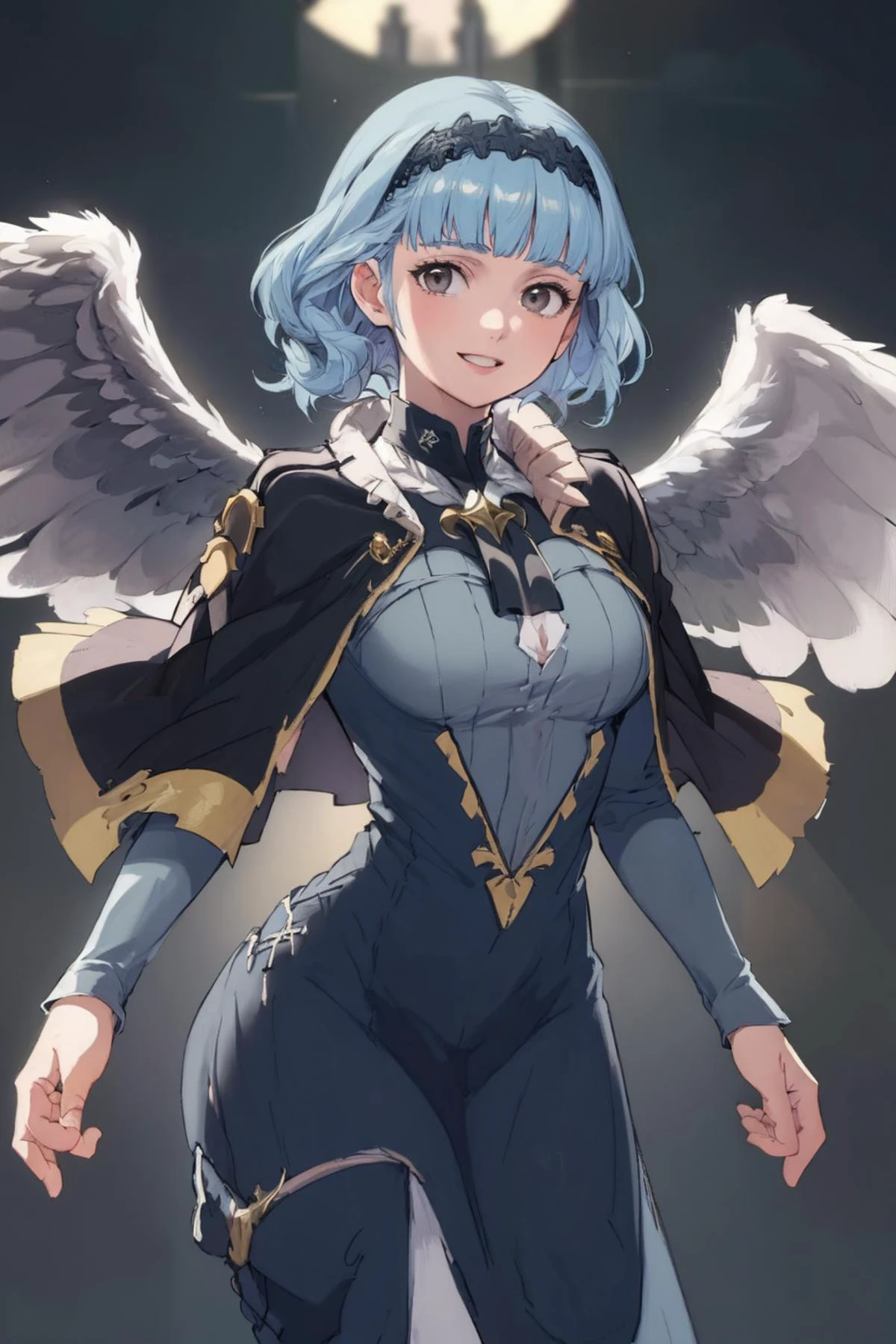 masterpiece, best quality, marianne_hopes, angelt, long hair, hairband, blue dress, capelet, cowboy shot, looking at viewer, smile <lora:marianne-nvwls-v1:0.9> <lora:AngelT:0.88>