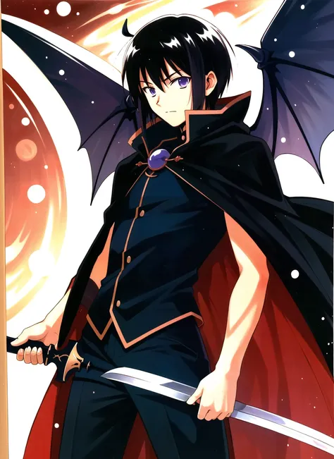 akamatsu ken <lora:akamatsu_ken_offset:1>, masterpiece, best quality, 1boy, arm across chest, black clothes, black hair, cloak, closed mouth, demon wings, earth (planet), light particles, long sleeves, looking at viewer, male focus, planet, purple eyes, red cloak, solo, sword, traditional media, uniform, weapon, wings