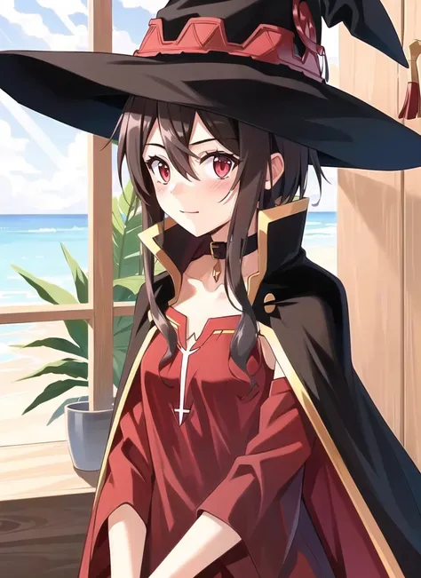akamatsu ken <lora:akamatsu_ken_offset:1>, megumin, 1girl, bare shoulders, black cape, black gloves, black hair, blush, cape, choker, collarbone, dress, hair between eyes, hat, long sleeves, looking at viewer, medium hair, off-shoulder dress, off shoulder, red dress, red eyes, sidelocks, solo, witch hat, indoors, (masterpiece)