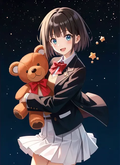 akamatsu ken <lora:akamatsu_ken_offset:1>, 1girl, :d, black jacket, blunt bangs, brown hair, cowboy shot, green eyes, hair intakes, holding, holding stuffed toy, jacket, long sleeves, looking at viewer, open mouth, school uniform, short hair, skirt, smile, solo, star (symbol), starry background, stuffed animal, stuffed toy, teddy bear, tomoeda middle school uniform, uniform, white skirt, (masterpiece)