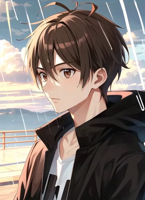 akamatsu ken <lora:akamatsu_ken_offset:1>, masterpiece, best quality, 1boy, brown eyes, brown hair, male focus, outdoors, rain, solo