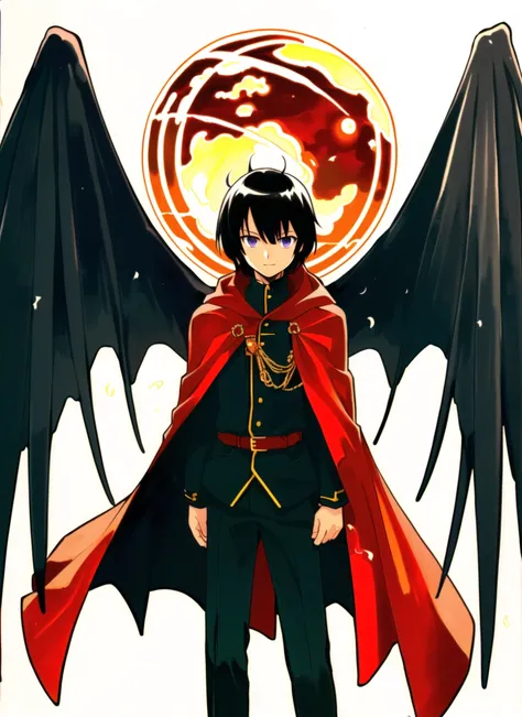 akamatsu ken <lora:akamatsu_ken_offset:1>, masterpiece, best quality, 1boy, arm across chest, black clothes, black hair, cloak, closed mouth, demon wings, earth (planet), light particles, long sleeves, looking at viewer, male focus, planet, purple eyes, red cloak, solo, sword, traditional media, uniform, weapon, wings