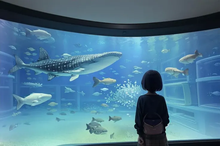 best quality, ultra-detailed, illustration,  
kaiyuukan, aquarium, aquarium, 1girl, blue theme, fish, solo, black hair, from behind, scenery, dolphin, skirt, shirt, medium hair, whale shark, silhouette, 
<lora:kaiyuukan_SD15_V1:1>