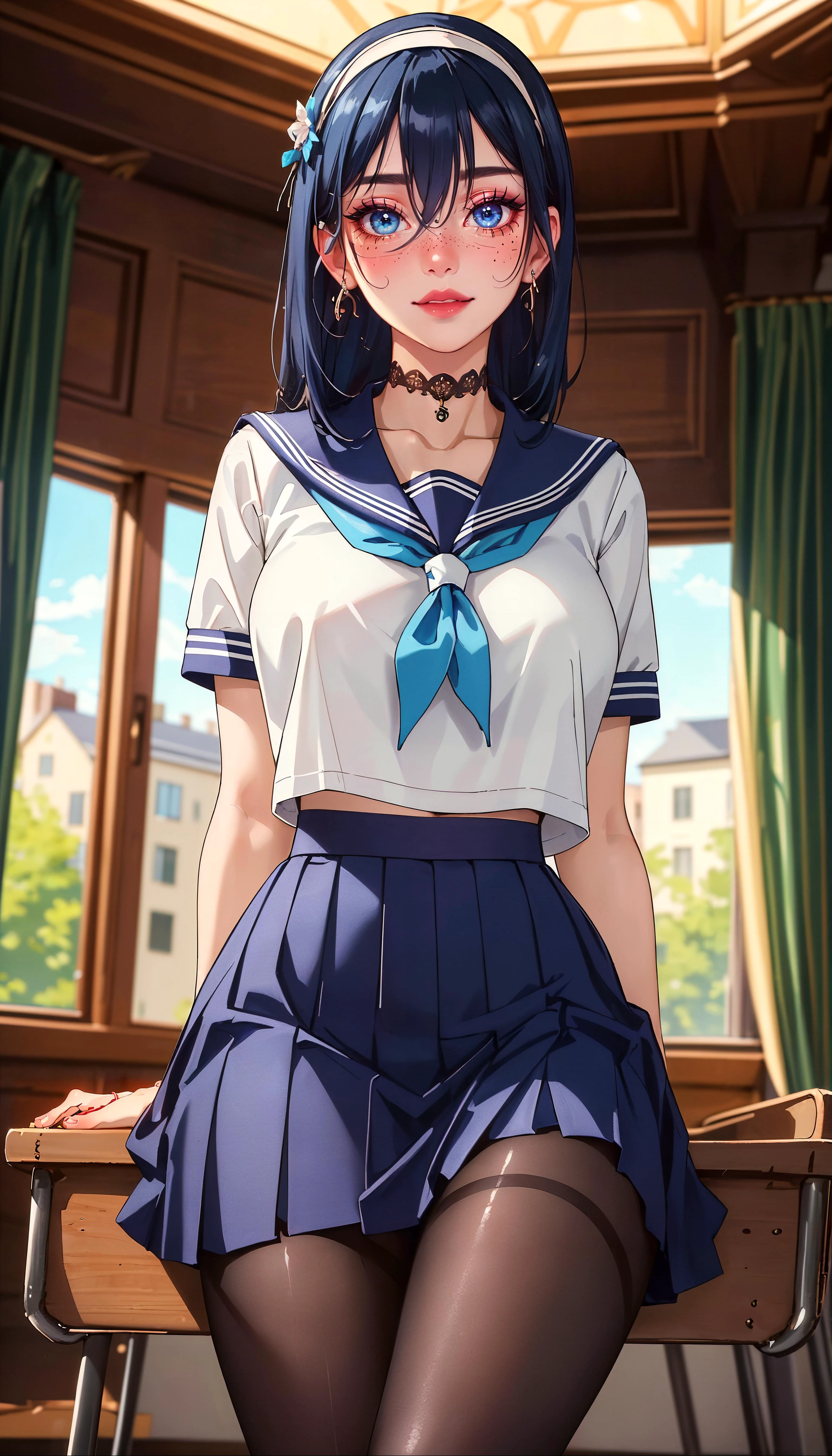 glamour photo of official art, a gorgeous girl, Seated on a velvet chaise longue in a sunlit boudoir, she radiates sensuality and quiet confidence, A vibrant, modern winery with rows of grapevines under a clear, blue sky, (cowboy shot:1.2), (view from below:1.2), (8k, RAW photo, best quality, depth of field, ultra high res:1.2), (absurdres, intricate, photorealistic, masterpiece, ultra-detailed:1.3, amazing scene lighting, Bright_Front_face_Lighting), shot at eye level, photography on a Fujifilm X-T4 with a 50mm lens, indoor, modelstyle photography setting,
<lora:ostris_HDhelper_v10:0.1>, <lora:ostris_detailSlider_v40:2>, <lora:envy_betterhands_beta2:1.2>, (pale skin, detailed skin:1.3, Glossy skin + Shiny skin:1.1), hair ornament, exquisite earrings, necklace, lace trim choker, gigantic breasts, skinny body, fit body, slim, narrow waist, slim legs, long legs, pantyhose, oxfords platform heels,
<lora:xphg_jujutsuKaisen_rikoAmanai_v10:0.6>, Riko Amanai, blue hair, long straight hair, white hairband, school uniform, serafuku, blue pleaded skirt, (blush, evil smiling, perfect female anatomy, super beautiful, elegant, sexy, detailed beautiful face, nice figure, nice proportions, sexy stunning body),