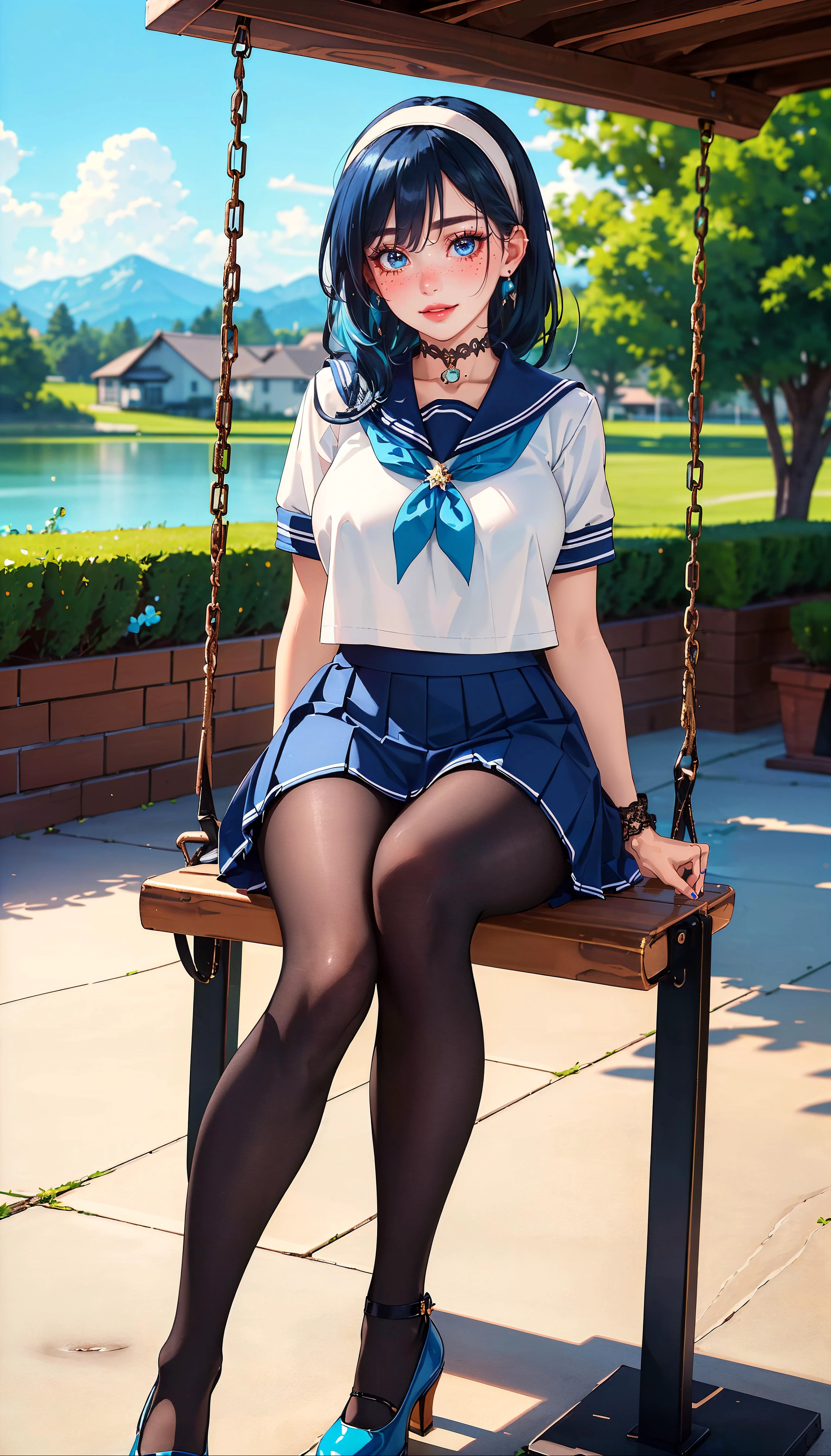 glamour photo of official art, a gorgeous girl, (full body shot:1.2), (view from below:1.2), (8k, RAW photo, best quality, depth of field, ultra high res:1.2), (absurdres, intricate, photorealistic, masterpiece, ultra-detailed:1.3, amazing scene lighting, Bright_Front_face_Lighting), shot at eye level, photography on a Fujifilm X-T4 with a 50mm lens, indoor, modelstyle photography setting, A high-tech urban rooftop solar-powered charging station for electric vehicles and mobile devices,
<lora:ostris_HDhelper_v10:0.1>, <lora:ostris_detailSlider_v40:2>, <lora:envy_betterhands_beta2:1.5>, (pale skin, detailed skin:1.3, Glossy skin + Shiny skin:1.1), hair ornament, exquisite earrings, necklace, lace trim choker, gigantic breasts, skinny body, fit body, slim, narrow waist, slim legs, long legs, pantyhose, oxfords platform heels,
<lora:xphg_jujutsuKaisen_rikoAmanai_v10:0.6>, Riko Amanai, blue hair, long straight hair, white hairband, school uniform, serafuku, blue pleaded skirt, (blush, evil smiling, perfect female anatomy, super beautiful, elegant, sexy, detailed beautiful face, nice figure, nice proportions, sexy stunning body), Seated on a swing overlooking a serene lake, she embraces the tranquility of the surrounding nature,