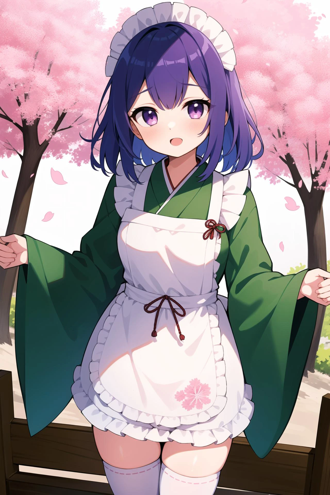 white apron,thighhighs,shoulder cutout,dated,string panties,japanese clothes,purple eyes,apron,cropped kimono,fujima sakura,open mouth,long sleeves,1girl,frilled apron,green thighhighs,maid headdress,wan'yan aguda,highres,22/7,clothing cutout
