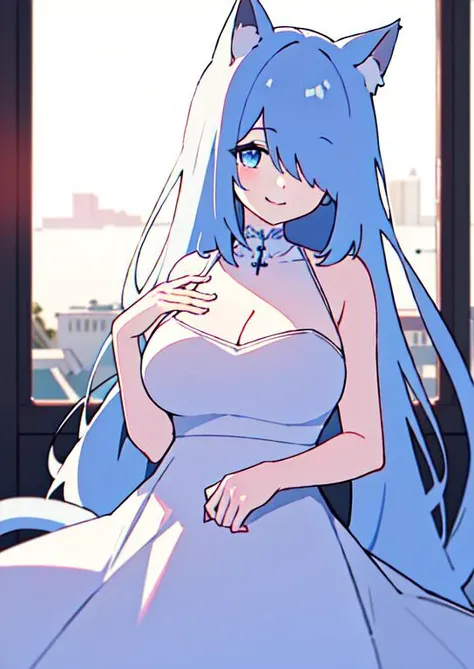 (masterpiece, best quality:1.2), extremely detailed, soft ambient lighting, sharp focus, 4K, BREAK <lora:(Concept) Slider Details Minimal:-1>, 1girl, long white hair, blue eyes, tareme, white cat ears, cat tail, gentle smile, hair over one eye, large breasts, long white dress, <lora:(Concept) Slider Age:-1>, <lora:hair_over_one_eye:1>, <lora:(Concept) Eyes Tareme:1>