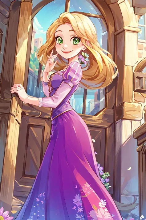 ((RapunzelWaifu)), dress, blonde 1girl, solo, smile, dynamic angle, masterpiece, best quality, <lora:Rapunzel_character:0.8>, (detailed ladscape, castle, big door, bricks, flowers:1.2), colorful,