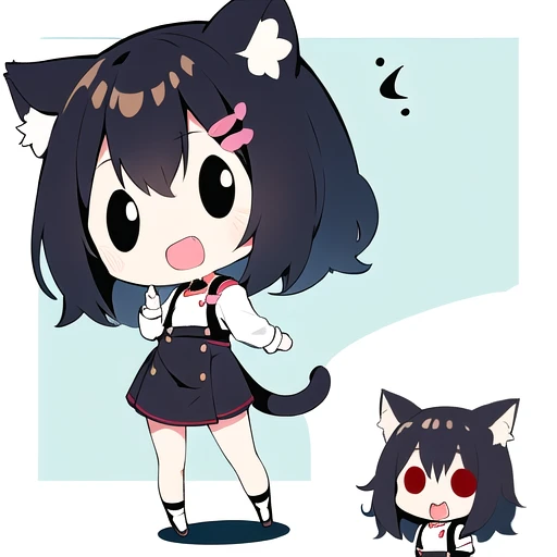 <lora:hotarueye_comic14_v100:1>, 1girl, (chibi:1.4), smile, open mouth, dynamic angle, standing, animal ear, black hair,