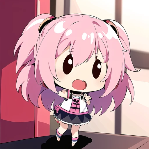 <lora:hotarueye_comic14_v100:1>, 1girl, (chibi:1.4), smile, open mouth, dynamic angle, standing, , pink hair, indoors