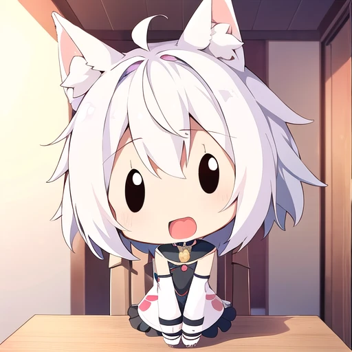 <lora:hotarueye_comic14_v100:1>, 1girl, (chibi:1.4), smile, open mouth, dynamic angle, dynamic pose, animal ear, white hair, indoors