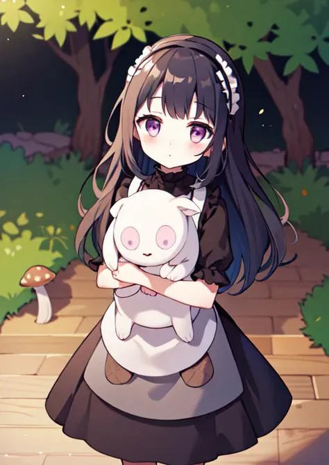 (masterpiece, best quality:1.2), extremely detailed, soft ambient lighting, sharp focus, 4K, BREAK <lora:hardgore2:0.7>, 1girl, solo, hardgore alice, long black hair, purple eyes, bags under eyes, hairband, black dress, expressionless, BREAK outdoors, nature, forest, (mushrooms:1.2), looking at viewer