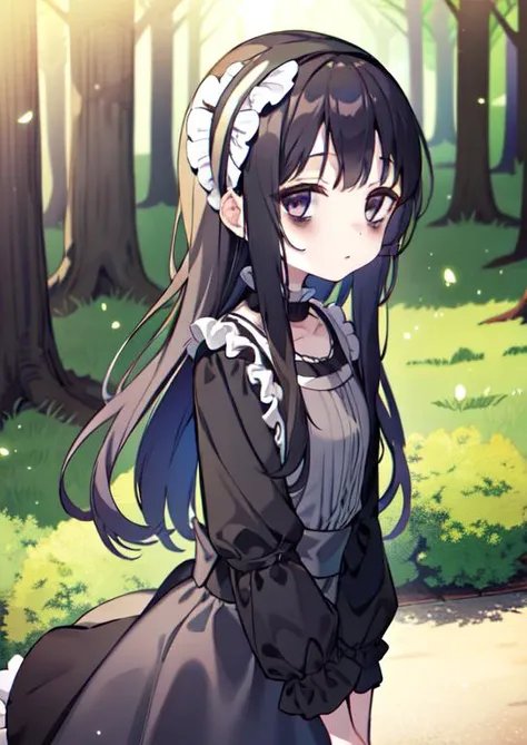 (masterpiece, best quality:1.2), extremely detailed, soft ambient lighting, sharp focus, 4K, BREAK <lora:hardgore2:0.7>, 1girl, solo, hardgore alice, long black hair, purple eyes, bags under eyes, hairband, black dress, expressionless, <lora:bags under eyes:1>, BREAK outdoors, nature, forest, (mushrooms:1.2), looking at viewer