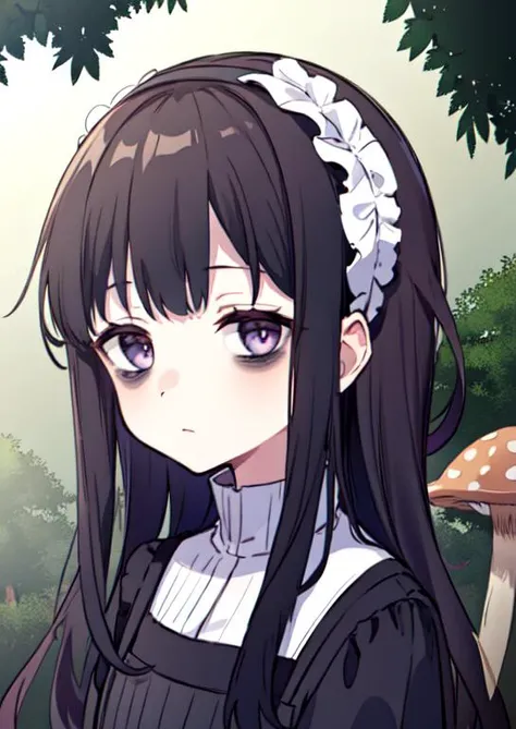 (masterpiece, best quality:1.2), extremely detailed, soft ambient lighting, sharp focus, 4K, BREAK <lora:hardgore2:0.7>, 1girl, solo, hardgore alice, long black hair, purple eyes, bags under eyes, hairband, black dress, expressionless, <lora:bags under eyes:1>, BREAK outdoors, nature, forest, (mushrooms:1.2), looking at viewer