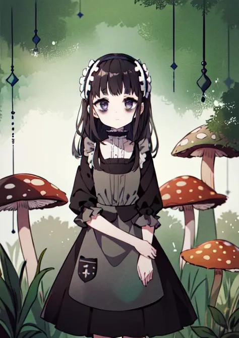 (masterpiece, best quality:1.2), extremely detailed, soft ambient lighting, sharp focus, 4K, BREAK <lora:hardgore2:0.7>, 1girl, solo, hardgore alice, long black hair, purple eyes, bags under eyes, hairband, black dress, expressionless, <lora:bags under eyes:1>, BREAK outdoors, nature, forest, (mushrooms:1.2), looking at viewer