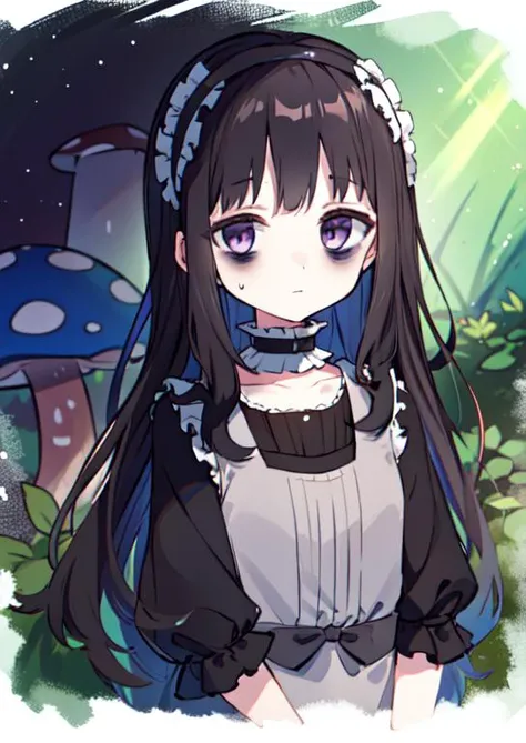 (masterpiece, best quality:1.2), extremely detailed, soft ambient lighting, sharp focus, 4K, BREAK <lora:hardgore2:0.7>, 1girl, solo, hardgore alice, long black hair, purple eyes, bags under eyes, hairband, black dress, expressionless, <lora:bags under eyes:1>, BREAK outdoors, nature, forest, (mushrooms:1.2), looking at viewer