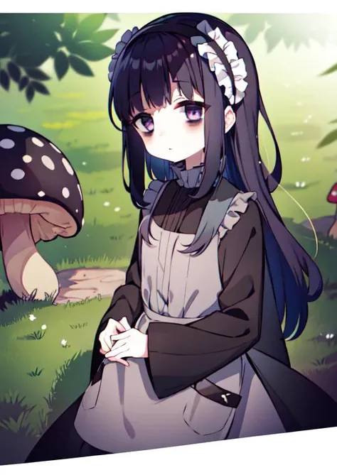 (masterpiece, best quality:1.2), extremely detailed, soft ambient lighting, sharp focus, 4K, BREAK <lora:hardgore2:0.7>, 1girl, solo, hardgore alice, long black hair, purple eyes, bags under eyes, hairband, black dress, expressionless, <lora:bags under eyes:1>, BREAK outdoors, nature, forest, (mushrooms:1.2), looking at viewer