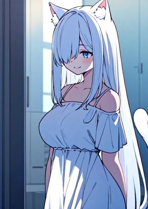 (masterpiece, best quality:1.2), extremely detailed, soft ambient lighting, sharp focus, 4K, BREAK, 1girl, long white hair, blue eyes, tareme, white cat ears, cat tail, gentle smile, hair over one eye, large breasts, long white dress, <lora:(Concept) Slider Age:-1>, <lora:hair_over_one_eye:1>, <lora:(Concept) Eyes Tareme:1>, BREAK <lora:(Concept) Slider Squeezer:1>