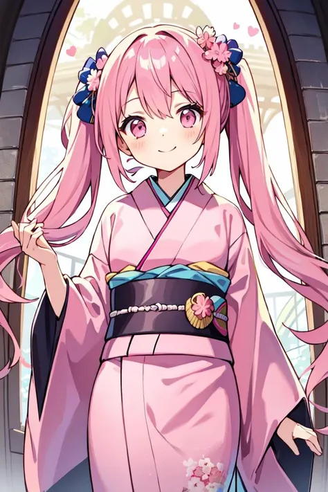 (masterpiece:1.2),best quality,perfect anatomy,extremely detailed,
BREAK,
cute girl,shiny skin,small eyes,light smile,solo,twintails,very long hair, 
lovely big eyes,cute eyes,(pink eyes:1.4),(pink hair:1.4),
BREAK,
(pink kimono:1.5),
BREAK,
sakura,flower,castle,  
BREAK,
looking at viewer,
BREAK,