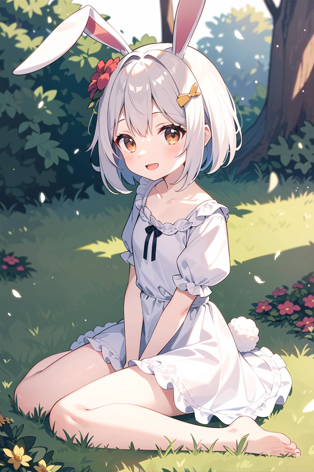 (masterpiece,best quality), 1girl,ite,flat chest, solo, solo focus, (animal ears, rabbit ears), barefoot, knees up, dress, sitting, short sleeves, looking at viewer, grass, short hair, smile, white hair, puffy sleeves, outdoors, puffy short sleeves, bangs, on ground, full body, animal, sunlight, brown eyes, dappled sunlight, day, depth of field, open mouth, (flower, hair flower), w, wariza, white dress