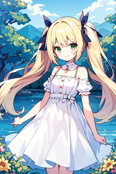 (masterpiece:1.2),best quality,perfect anatomy,extremely detailed,
BREAK,
cute girl,shiny skin,small eyes,light smile,solo,twintails,very long hair, 
lovely big eyes,cute eyes,(green eyes:1.4),(blonde hair:1.4),
BREAK,
(white dress:1.5),
BREAK,
forest,lake,flower, 
BREAK,
looking at viewer,
BREAK,