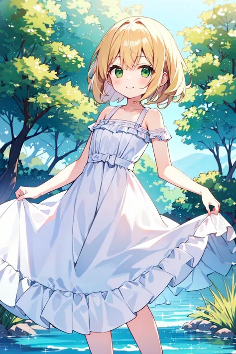 (masterpiece:1.2),best quality,perfect anatomy,extremely detailed,
BREAK,
cute girl,shiny skin,small eyes,light smile,solo,short hair,
lovely big eyes,cute eyes,(green eyes:1.4),(blonde hair:1.4),
BREAK,
(white dress:1.5),
BREAK,
forest,lake,flower, 
BREAK,
looking at viewer,
BREAK,