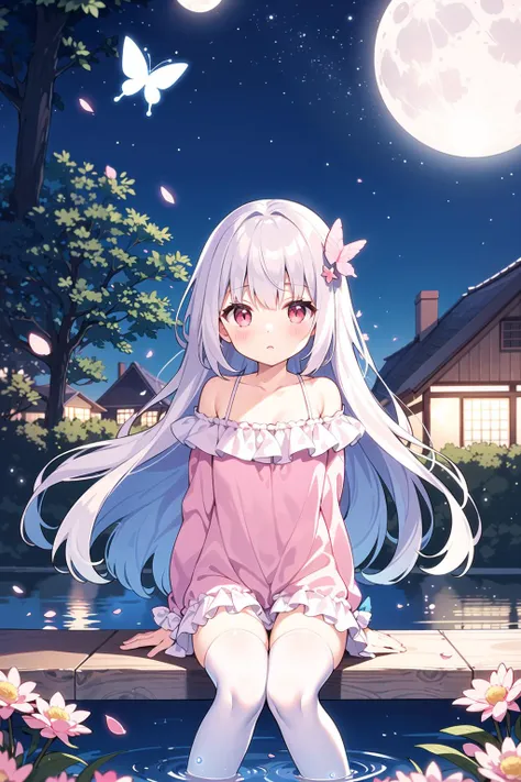 (sitting),petite,(bow),(silver hair),(long hair),(light red eyes),stars in the eyes,hair ornament,(blush),bangs,(a girl in[(nightdress):(((no socks))):0.4]:1.2),(bare shoulder),collarbone,(white thighhighs:1.2),frilled sleeves,looking at viewer,[(night:1.2),peaceful,sky,((full moon)),stars,(in a courtyard),house,water drop,pond,(near by the pond),tree,flower request,wind::0.6],(lridescent light refraction),(floating pink petals:1.2),(fairy butterfly),dreamy