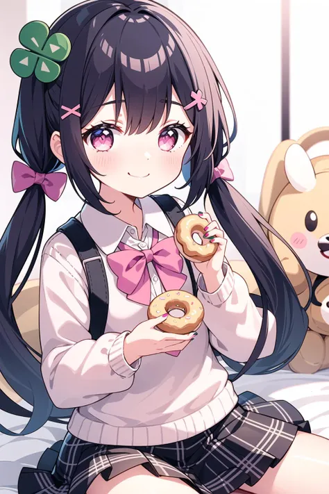 1girl, hair ornament, clover, bow, twintails, smile, stuffed toy, green bow, solo, clover hair ornament, long hair, four-leaf clover, stuffed animal, green nails, black hair, hairclip, shirt, skirt, low twintails, doughnut, bangs, collared shirt, white shirt, stuffed bunny, plaid, long sleeves, food, bowtie, looking at viewer, pink bow, four-leaf clover hair ornament, hair bow, nail polish, sweater, blush, pink eyes