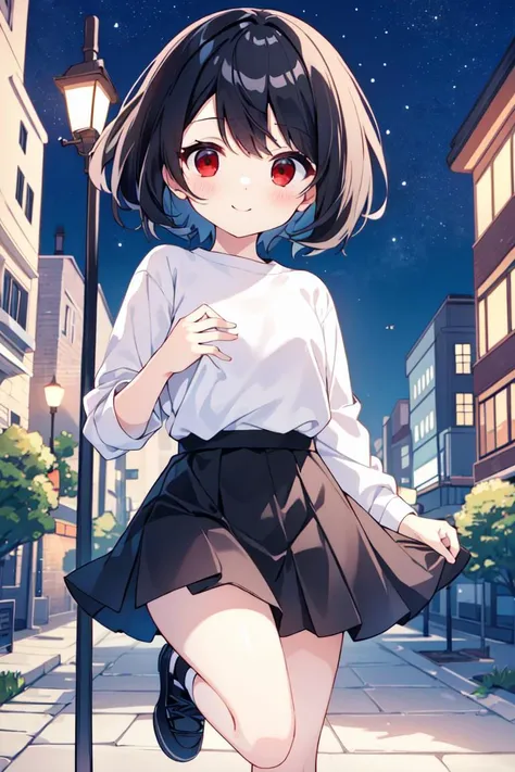 (masterpiece:1.2),best quality,perfect anatomy,extremely detailed,
BREAK,
cute girl,shiny skin,small eyes,light smile,solo,short hair,
lovely big eyes,cute eyes,(red eyes:1.4),(black hair:1.4),
BREAK,
(white shirt:1.5),black skirt,black footwear,canvas shoes,
BREAK,
city,street, night, lamppost,
looking at viewer,
BREAK,