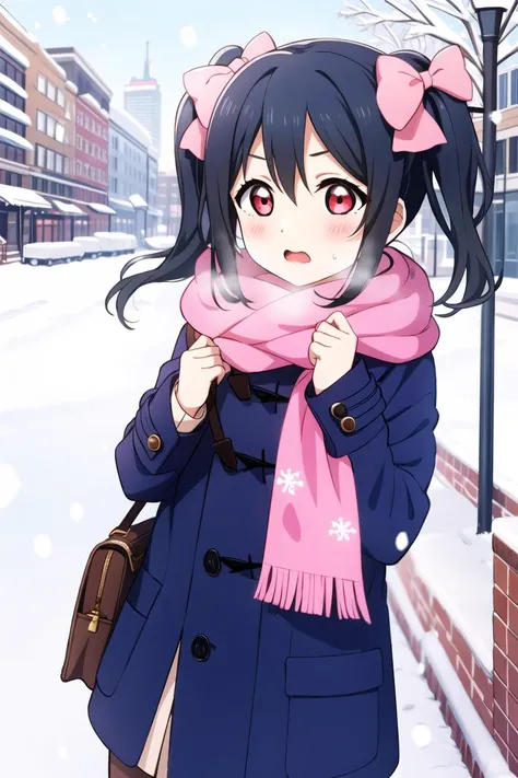 1girl, bag, black_hair, blush, bow, building, can, city, cityscape, coat, day, hair_bow, open_mouth, outdoors, pavement, pink_bow, pink_scarf, real_world_location, red_eyes, skyscraper, snow, snowing, solo, street, town, tree, twintails, winter, winter_clothes, yazawa_nico
<lora:LL-000012:0.7>