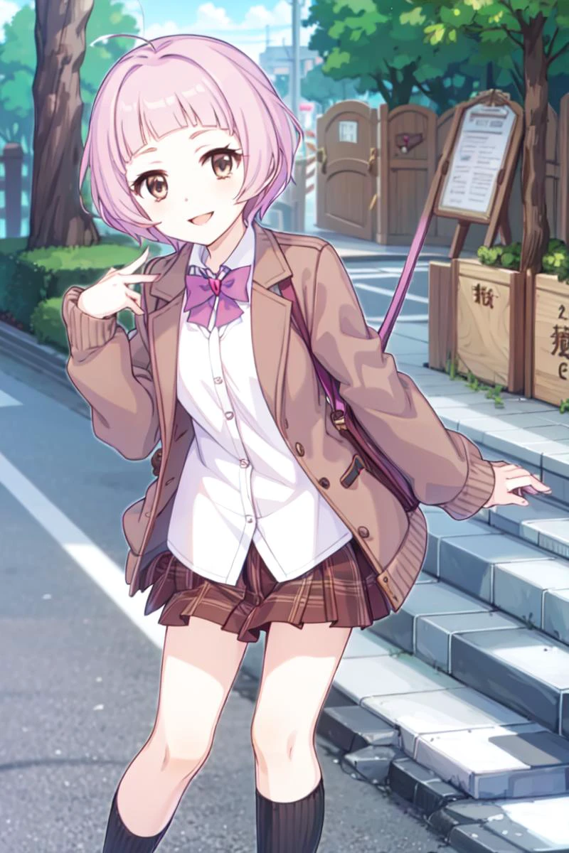 masterpiece, best quality, yukipricon, pink hair, short hair, brown eyes, smile, school uniform, brown jacket, white shirt, plaid pleated miniskirt, open clothes, red bowtie, <lora:YukiPricon-07:1>, otoko no ko, forest, yuki \(princess connect!\), <lora:pcr-style:0.5>,