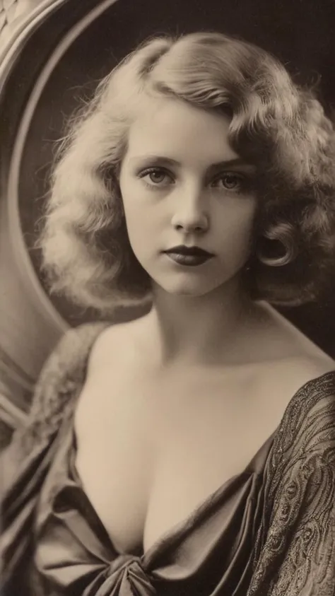 Masterpiece, close up, Portrait of a beautiful young woman by Alfred Cheney Johnston, Kati Horna, insanely detailed, soft volumetric lighting, Perfect composition, Art deco, captivates with sharp focus, depth of field, studio photo quality <lora:lith_Agfa_Geveart_Brovira_BW22a_SDXL:0.5>