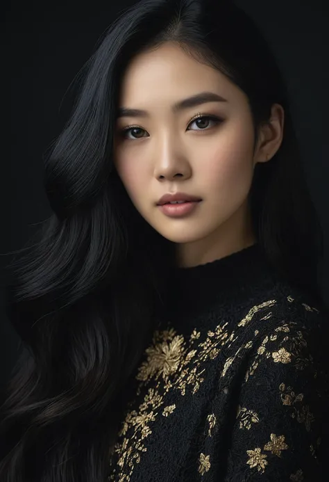 Beautiful Asian lady with gray hazel eyes, beautiful make up, golden pearlescent shadows, white skin, long black hair, black lace sweater, , soft cinematic lighting, dark background, ultra realistic, hyperdetailed photography, soft light, head and shoulders portrait, cover,  OverallDetailXL, HairDetail,