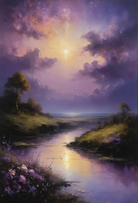 famous artwork by (maurice sapiro:1.4), beautiful painting of the ethereal landscapes in the mysterious twilight light, the whisper of forgotten memories breaking the silent silence, lonely stars in the velvet sky, unbearable sadness and bitter joy, longing for the past in lilac shades. High resolution details, ultra detailed, 8k, uhd, studio photo quality, OverallDetailXL, <lora:Detailed_notrigger:1> <lora:SDXLFaeTastic2400:0.4>