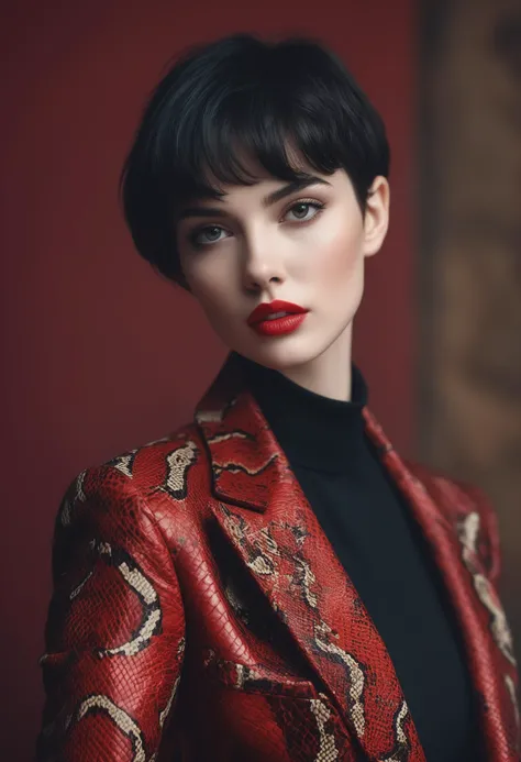 a beautiful and sensual photography by david bellemere portraying a young lady, short black hair, shaved hair on one side, detailed eyes, detailed iris, pale skin, red lips, dark eye shadow, wearing red snakeskin blazer and pants, detailed eyes, closely cropped image, sharp focus, studio photo quality