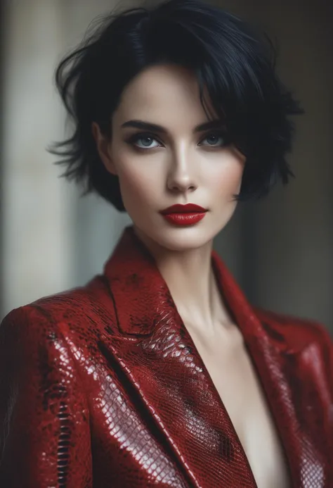 a beautiful and sensual photography by David Bellemere, portraying a lady with short black hair, detailed eyes, detailed iris, pale natural skin, red lips, dark eye shadow, wearing red snakeskin blazer, closely cropped image. Sharp focus, ultra-thin textures, cinematography harmony,Ultra-Realism, studio photo quality