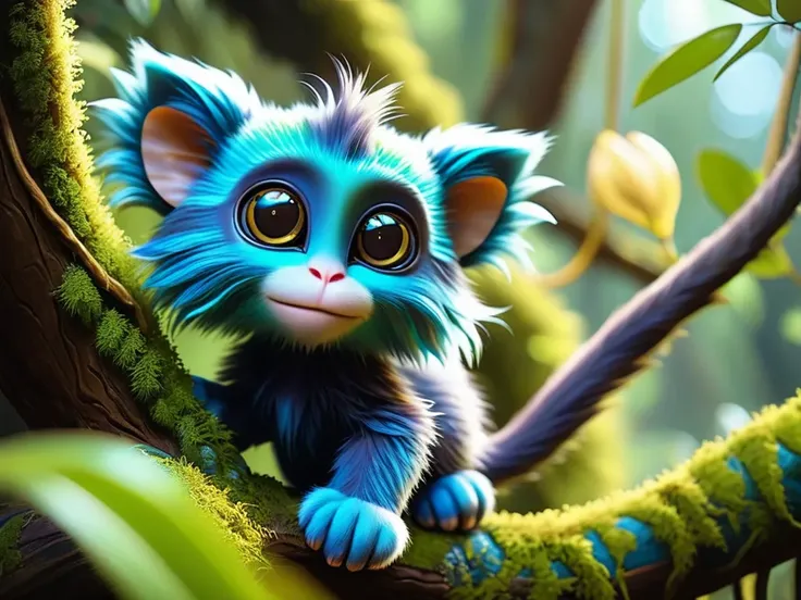 realistic lighting, photo, photorealistic, cinematic still, emotional, harmonious, vignette, 4k epic detailed, shot on kodak, 35mm photo, sharp focus, high budget, cinemascope, moody, epic, gorgeous, film grain, grainy, trending on artstation, full body, portrait of an alien creature from an otherworldly jungle environment full of plants with huge leaves, vines, tendrils, and (beautiful flowers of all shapes and sizes:1.3), the creature is mammal-like, (cat-like:1.5) and (monkey-like:1.3) with prehensile tail, covered in (blue|green moss-like fur:1.3) with a (brown skin belly:1.3), huge yellow eyes, (shiny iridescent fur:1.5), cute round teeth, ape-like hands with tiny black claws, creature is hanging upside-down from a tree limb with its (prehensile tail:1.5).