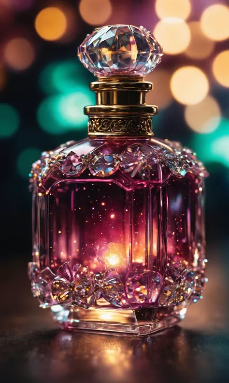 extremely detailed, extreme closeup, old perfume bottle, plum glowing glass, tons of sparkling tiny lights, sharp focus, bokeh, hires, <lora:Art_Deco_Style_SDXL:0.7> <lora:SDXLFaeTastic2400:0.6>