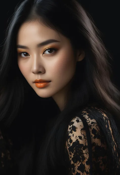 Art photography, Beautiful Asian lady with gray hazel eyes, beautiful make up, golden pearlescent shadows, white skin, long black hair with orange tint, black lace sweater, , soft cinematic lighting, dark background, ultra realistic, hyperdetailed, head and shoulders portrait, high resolution details, studio photo quality, OverallDetailXL, HairDetail,