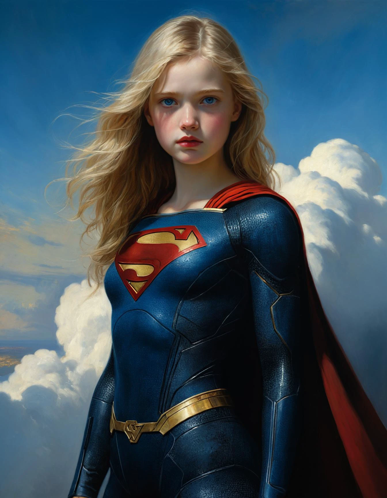 masterpiece, high quality, Oil Painting, SuperGirl wearing black futuristic armor with the Superman symbol on it by Albert Lynch, Abbott Handerson Thayer, highly detail, full body portrait, best quality, innocent, white skin, pale skin, blue eyes, long flowing blond hair, athletic body, floating in the clouds, ultra detailed, romantic, focus on the girl, shadow and light, Masterpiece, intricate lines, intriguing atmosphere, sharp magnificent details, delicate features, elaborate details, (2\3 rule composition:0.5), ultra detailed, romantic, Rembrandt lighting, brush strokes