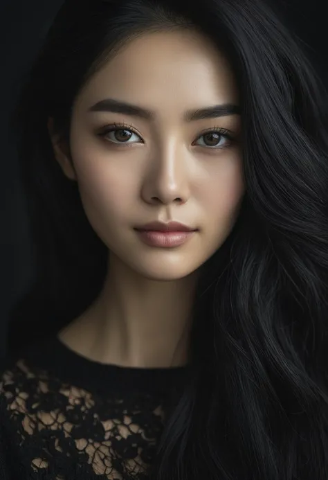 Beautiful Asian lady with gray hazel eyes, beautiful make up, golden pearlescent shadows, white skin, long black hair, black lace sweater, , soft cinematic lighting, dark background, ultra realistic, hyperdetailed photography, soft light, head and shoulders portrait, cover, OverallDetailXL, HairDetail,