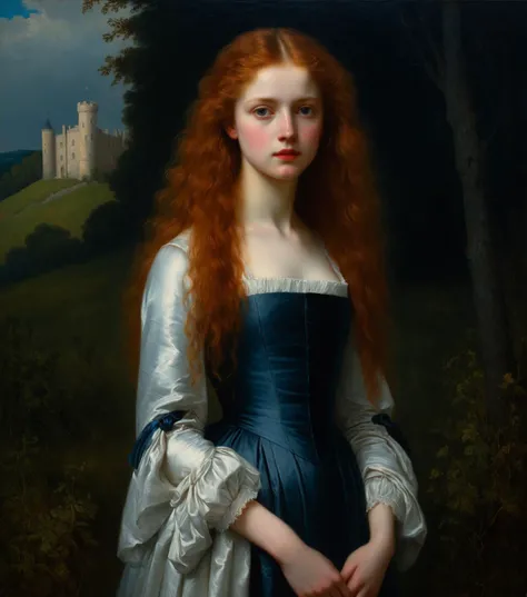 masterpiece, high quality, Oil Painting, princess in a long flowing dress by Albert Lynch, Abbott Handerson Thayer, highly detail, full body portrait, best quality, innocent, white skin, long flowing red hair, standing next to a castle in the woods, ultra detailed, romantic, focus on the girl, shadow and light, Masterpiece, intricate lines, intriguing atmosphere, sharp magnificent details, delicate features, elaborate details, (2\3 rule composition:0.5), ultra detailed, romantic, Rembrandt lighting, brush strokes