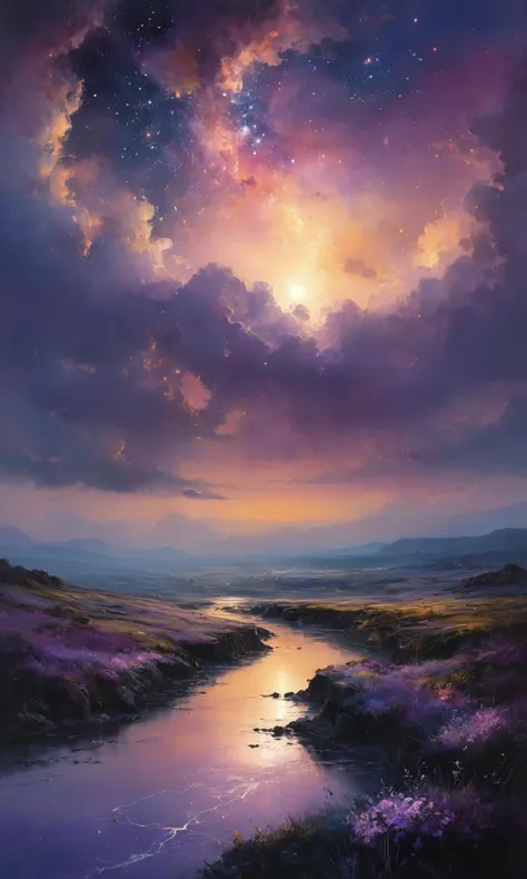 famous artwork by (maurice sapiro:1.4), beautiful painting of the ethereal landscapes in the mysterious twilight light, the whisper of forgotten memories breaking the silent silence, lonely stars in the velvet sky, unbearable sadness and bitter joy, longing for the past in lilac shades. High resolution details, ultra detailed, 8k, uhd, studio photo quality, OverallDetailXL, <lora:Detailed_notrigger:1> <lora:SDXLFaeTastic2400:0.4>