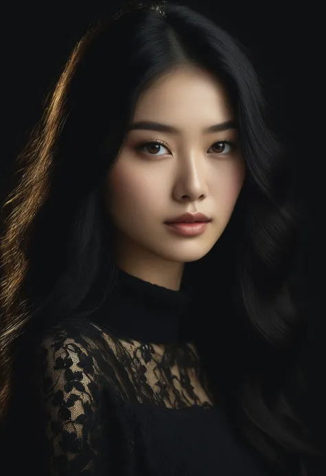 Art photography, Beautiful Asian lady with gray hazel eyes, beautiful make up, golden pearlescent shadows, white skin, long black hair, black lace sweater, , soft cinematic lighting, dark background, ultra realistic, hyperdetailed, head and shoulders portrait, high resolution details, studio photo quality, OverallDetailXL, HairDetail,
