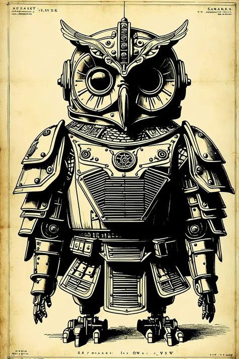 best quality, high quality, detailed schematic, (realistic, photorealistic, absurdres:1.2), robot owl mask, samurai armor, steam, realistic, highly detailed ink illustration,photographed by august sander, <lora:tbh250-sdxl:0.2> style of Perspective drawing <lora:Low-key lighting Style:0.3> Low-key lighting Style <lora:tbh249-sdxl:0.2> style of Patent drawing