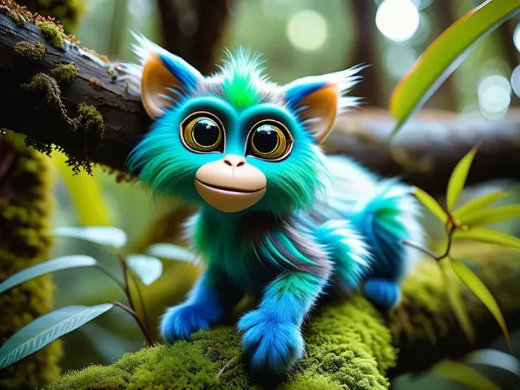 realistic lighting, photo, photorealistic, cinematic still, emotional, harmonious, vignette, 4k epic detailed, shot on kodak, 35mm photo, sharp focus, high budget, cinemascope, moody, epic, gorgeous, film grain, grainy, trending on artstation, full body, portrait of an alien creature from an otherworldly jungle environment full of plants with huge leaves, vines, tendrils, and (beautiful flowers of all shapes and sizes:1.3), the creature is mammal-like, (cat-like:1.5) and (monkey-like:1.3) with prehensile tail, covered in (blue|green moss-like fur:1.3) with a (brown skin belly:1.3), huge yellow eyes, (shiny iridescent fur:1.5), cute round teeth, ape-like hands with tiny black claws, creature is hanging upside-down from a tree limb with its (prehensile tail:1.5).