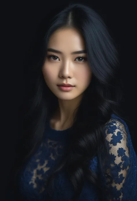 Art photography, Beautiful Asian lady with gray hazel eyes, beautiful make up, golden pearlescent shadows, white skin, long black hair with blue tint, black lace sweater, , soft cinematic lighting, dark background, ultra realistic, hyperdetailed, head and shoulders portrait, high resolution details, studio photo quality, OverallDetailXL, HairDetail,