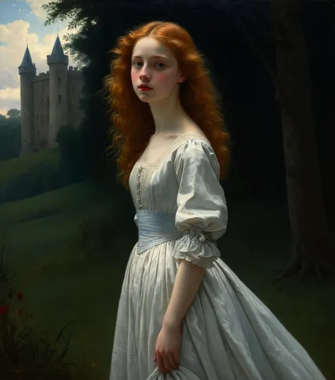 masterpiece, high quality, Oil Painting, princess in a long flowing dress by Albert Lynch, Abbott Handerson Thayer, highly detail, full body portrait, best quality, innocent, white skin, long flowing red hair, standing next to a castle in the woods, ultra detailed, romantic, focus on the girl, shadow and light, Masterpiece, intricate lines, intriguing atmosphere, sharp magnificent details, delicate features, elaborate details, (2\3 rule composition:0.5), ultra detailed, romantic, Rembrandt lighting, brush strokes
