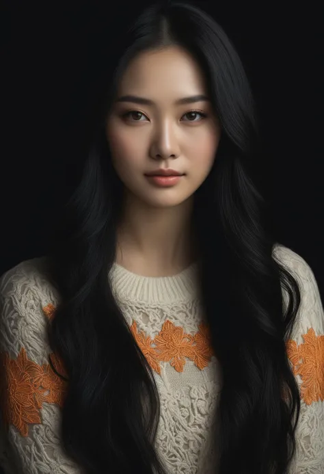 Art photography, Beautiful Asian lady with gray hazel eyes, beautiful make up, golden pearlescent shadows, white skin, long black hair with orange tint, black lace sweater, , soft cinematic lighting, dark background, ultra realistic, hyperdetailed, head and shoulders portrait, high resolution details, studio photo quality, OverallDetailXL, HairDetail,