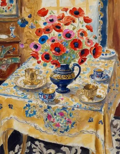 <lora:m4t1:0.8>m4t1 still life, assorted colored poppies in vase, gold cup, intricate pattern on tablecloth, open shutter, thick paint, brushstroke,